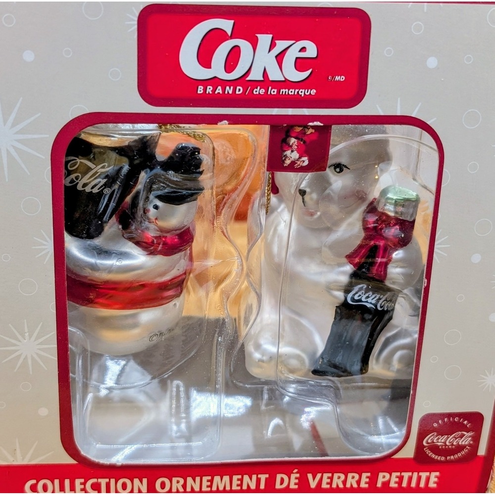 Coca Cola Mini Blown Glass Ornament Collection Snowman Polar Bear NIB Vintage